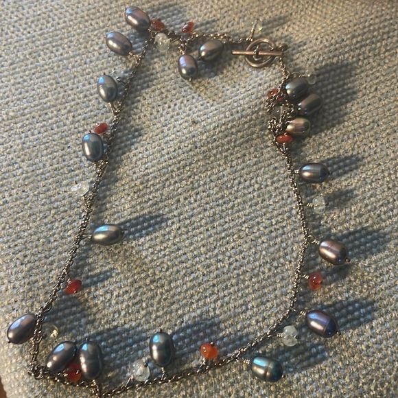 Grey Pearl Necklace, Silver Pebble Pearl and gemstone Necklace, - Picture 2 of 2